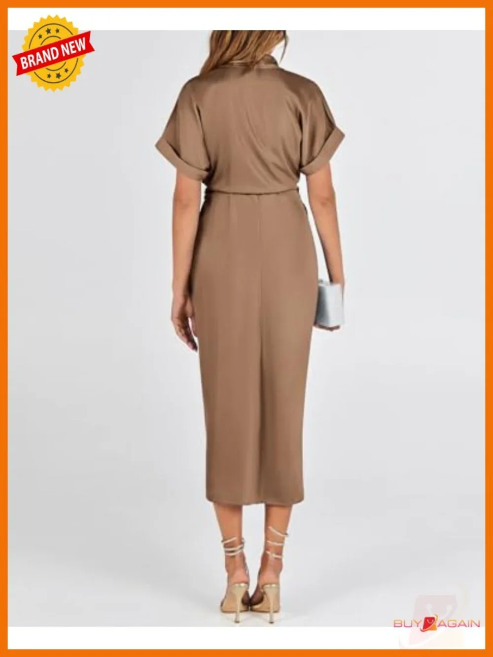 Women's Business Casual Maxi Dress Short Sleeve Button Down Satin